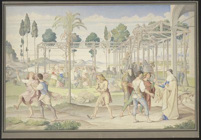 A parábola dos trabalhadores da vinha, inspirada no Jardim de Vertumno de Primaticcio e no Reino de Flora de Poussin de Johann Anton Ramboux