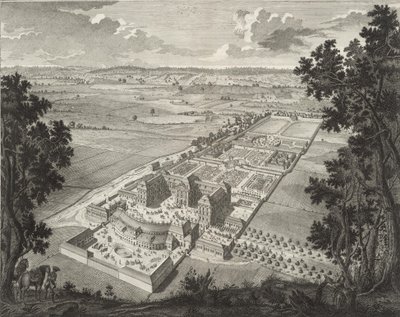 Vista aérea em perspectiva do zoológico do Castelo de Weissenstein em Pommersfelden de Johann August Corvinus