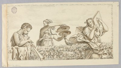 Um menino sátiro tocando flauta, uma menina com pratos, uma mulher com um livro de Johann August Nahl the Younger