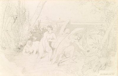 Pintor surpreende quatro banhistas (reto) de Johann Baptist Reiter