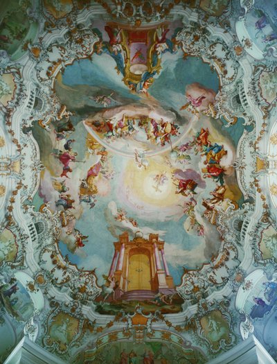 Fresco central na igreja de Wies, Baviera ... (fresco) de Johann Baptist Zimmermann
