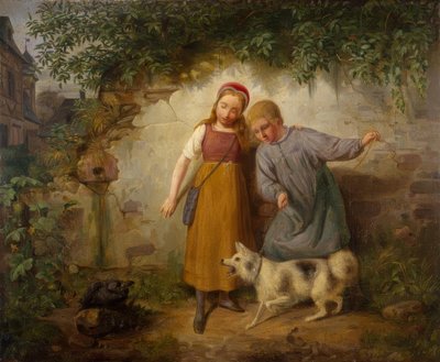 Dois filhos com um Spitz de Johann Baptist Zwecker