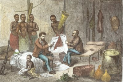 Dr. David Livingstone (1813-73) e Henry Morton Stanley (1841-1904) Recebendo Jornais na África Central, gravados por Pearson (posterior coloração) de Johann Baptist Zweecker