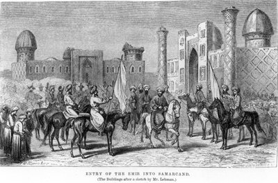 Entrada do emir em Samarkand, de "Travels in Central Asia ... in ... 1863" de Arminius Vambery, gravado por JWW Hymper, publicado em 1864 de Johann Baptist Zweecker