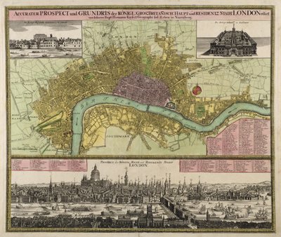 Mapa e Perspectiva de Londres, c.1710 (gravura colorida à mão) de Johann Baptista Homann