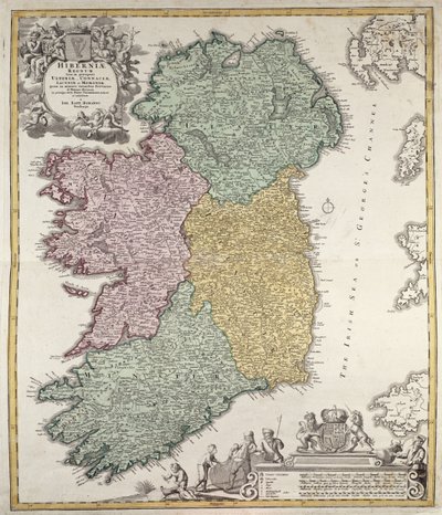 Mapa da Irlanda mostrando as Províncias de Ulster, Munster, Connaught e Leinster, por Johann B. Homann, c.1730 (gravura colorida à mão) de Johann Baptista Homann