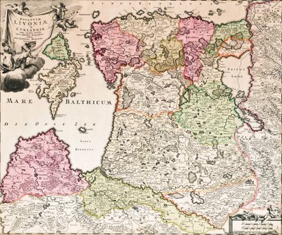 Do Mar Báltico, Baltikum Ducatuum Livonia e as ilhas vizinhas Curlandiae Mapa novo exposição, ca 1720 de Johann Baptista Homann