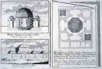 Plano, Elevação e Secção transversal dos Banhos Imperiais, Budapeste, Hungria, de 