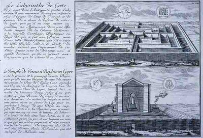 O Labirinto em Creta e o Templo de Vénus, Pafos, Chipre, ambos retirados de desenhos encontrados em antigas moedas romanas do "Entwurf einer historischen Architektur". de Johann Bernhard (after) Fischer von Erlach