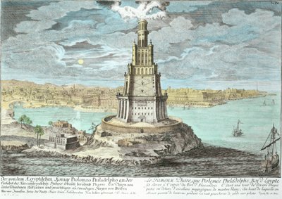Farol em Alexandria, construído por Ptolomeu, o Grande (36-depois de 30 aC), Egito, de Entwurf einer historischen Architektur, gravado por Johann Adam Delsenbach (1687-1765) 1721 de Johann Bernhard Fischer von Erlach