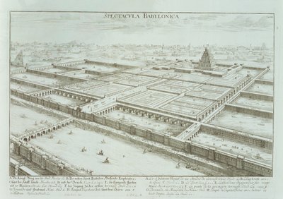 Vista panorâmica do Palácio Real e Jardins Suspensos da Babilônia, de &39;Design of a Historic Architecture&39;, 1721 de Johann Bernhard Fischer von Erlach