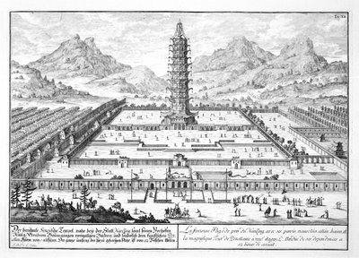 A torre de porcelana de Nanking, placa 12 de &39;Design de uma arquitetura histórica&39;, gravada por Johann Adam Delsenbach (1687-1765) 1721 de Johann Bernhard Fischer von Erlach