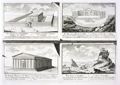 Vistas de quatro edifícios clássicos: O Templo de Zeus Olímpico, o Teatro de Dionísio em Atenas, o Templo de Atenas em Atenas e um Templo em Corinto, a partir de Entwurf einer historischen Architektur, de Johann Bernhard Fischer von Erlach