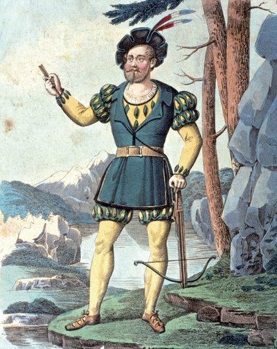 Franz von Schober como Guilherme Tell . 1837 (gravura a cores) de Johann Christian (after) Schoeller
