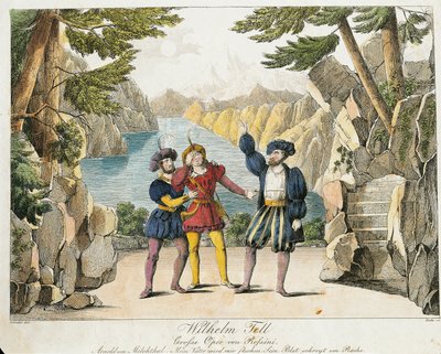 Cena de "William Tell" de Gioachino Rossini, gravada por Zincke (gravura colorida) de Johann Christian (after) Schoeller