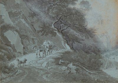 Agricultor com carroça puxada por cavalos no caminho da floresta durante uma trovoada de Johann Christian Brand