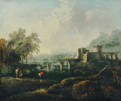 Paisagem ideal com rio e ponte em ruínas (a manhã) de Johann Christian Brand