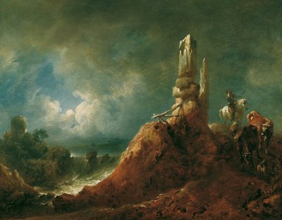 Paisagem com ruínas e cavaleiros ao luar de Johann Christian Brand