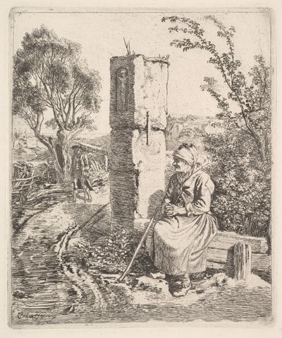Uma velha senhora sentada perto de um pilar na beira da estrada, 1819. de Johann Christian Erhard