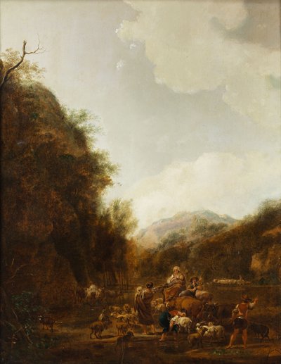 Paisagem montanhosa com pastores e gado no bebedouro de Johann Christian Klengel