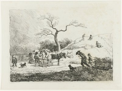 Paisagem de inverno com crianças de trenó e vários trenós de Johann Christian Klengel