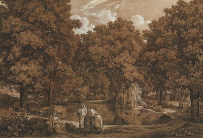 Paisagem Arcadian com três figuras em um lago, 1792. de Johann Christian Reinhart