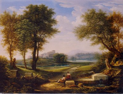 Alemão: paisagem ideal com dois pastores junto a uma fonte. de Johann Christian Reinhart