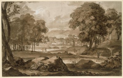 Vasta paisagem florestal com uma cidade antiga e elementos figurativos de Johann Christian Reinhart