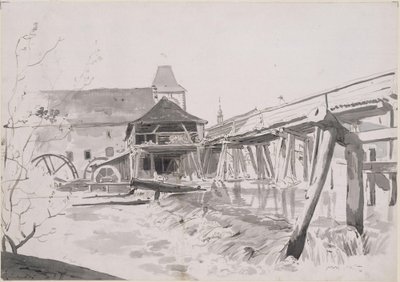 Ponte de madeira com açude e moinho de água de Johann Christian Reinhart