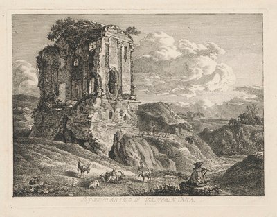 Paisagem com um túmulo antigo; à direita, cabras e um pastor a tocar flauta de Johann Christian Reinhart