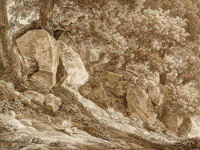 Paisagem rochosa com Pan tocando sua flauta (no parque da Villa Chigi, Ariccia) de Johann Christian Reinhart