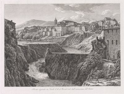 Ruínas causadas em Tivoli, pelo crescimento do Aniene (Tivoli danificado pela inundação do rio Aniene) de Johann Christian Reinhart