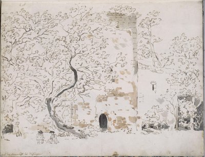 Dois desenhadores diante de um castelo por detrás de árvores: na Maienlust, perto de Wasungen de Johann Christian Reinhart