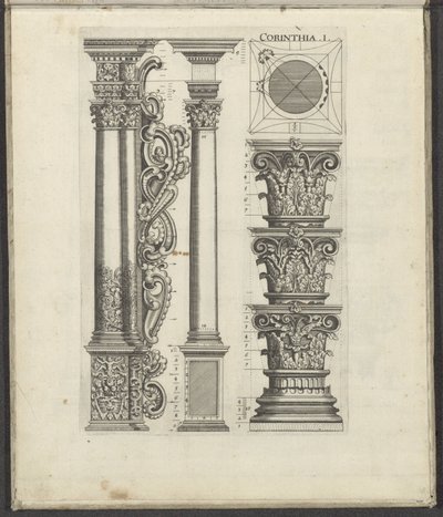 Colunas e capitais da ordem coríntia Corinthia .I. (título no objeto) Cinco Ordens de Arquitetura (título da série) de Johann Christoph Feinlein