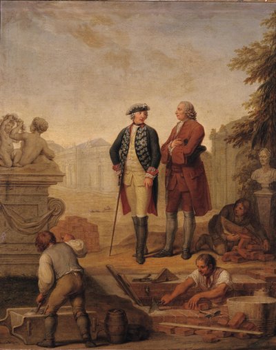 O rei Frederico II da Prússia (1712-86) e o marquês de Argens (1704-1771) inspeccionam a construção de Sanssouci em Potsdam de Johann Christoph Frisch