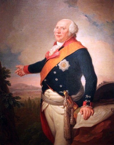Retrato do rei Frederico Guilherme II da Prússia (1744-1797) com uma estrela da Ordem Prussiana da Águia Negra, a mão esquerda apoiada num mapa de Frankfurt, uma paisagem com o exército prussiano acampado à saída de Frankfurt de Johann Christoph Frisch