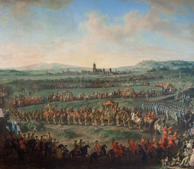 Entrada do imperador Francisco I. Stephan e do seu filho José (II.) em Frankfurt, em 29 de março de 1764 de Johann Dallinger von Dalling