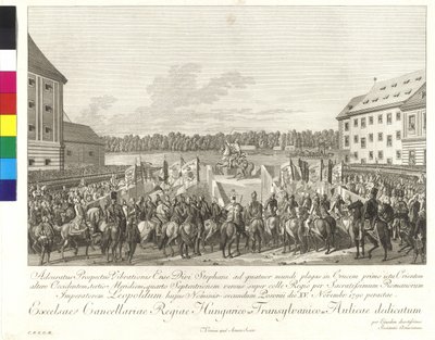Coroação do imperador Leopoldo II ao rei da Hungria em Bratislava, em 15 de novembro de 1790 (gravura em cobre) de Johann Ernst Mansfeld