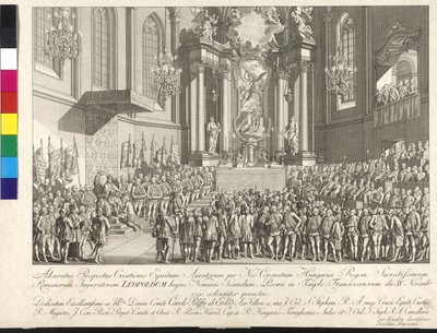 Coroação do imperador Leopoldo II ao rei da Hungria em Bratislava, em 15 de novembro de 1790 (gravura em cobre) de Johann Ernst Mansfeld