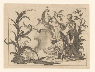 Chinês com xícara e pires sentado em um ornamento rococó, ao lado dele está uma mulher com ventilador Fumantes em ornamento rococó (título da série) de Johann Esaias Nilson