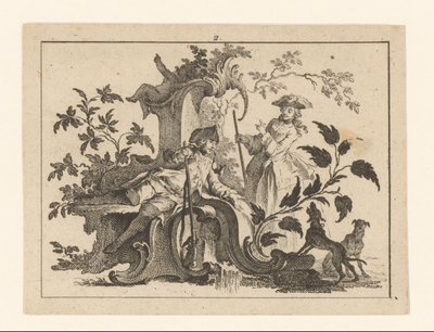 Cachimbo fumador homem com arma e mulher com dois cães num ornamento rococó
Fumadores em ornamento rococó (título da série) de Johann Esaias Nilson