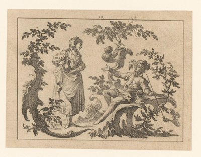 Cachimbo a fumar homem sentado, ao seu lado uma mulher de pé com um jarro num ornamento rococó
Fumadores em ornamento rococó (título da série) de Johann Esaias Nilson