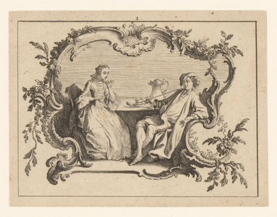 Mulher e homem fumador de cachimbo à mesa numa cartucheira
Fumadores em ornamento rococó (título da série) de Johann Esaias Nilson