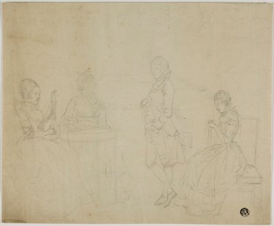 Esboço de Grupo Familiar com Três Mulheres Sentadas e Homem Jovem em Pé de Johann Friedrich August Tischbein