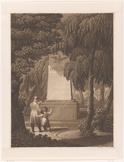 Homem com uma criança em frente de um monumento a um oficial do exército caído de Johann Friedrich Frick