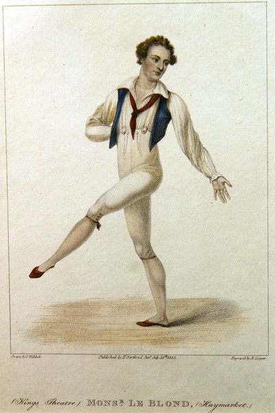 Retrato de Monsieur Le Blond, dançarino do Haymarket Theatre, Londres, dançando com a perna e o braço estendidos, gravado por R. Cooper de Johann Friedrich Maximilian von (after) Waldeck
