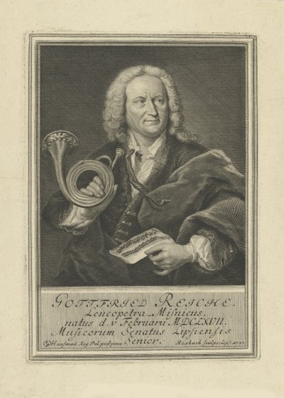 Retrato do trompetista e compositor Gottfried Reiche 1667-1734, 1727. de Johann Friedrich Rosbach