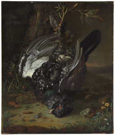 Um blackcock em uma paisagem arborizada, 1747 de Johann Friedrich von Grooth