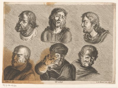 Seis cabeças masculinas, incluindo Cristo e um homem com vela de Johann Georg Hertel (I) (possibly)