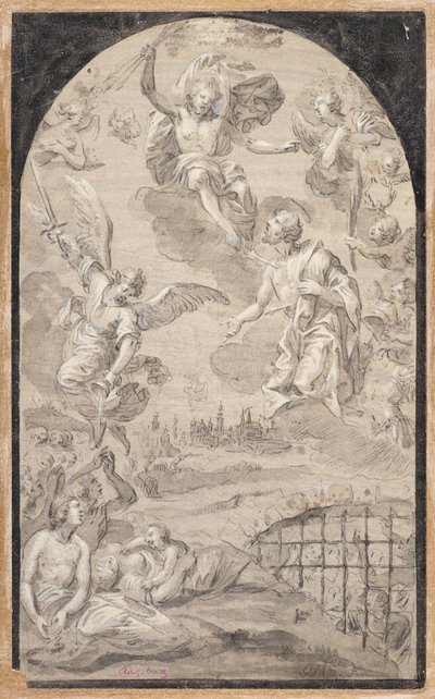 Santo que intercede junto de Cristo para que não seja lançado o raio sobre a cidade de Augsburgo de Johann Georg Melchior (1625-1705) Schmittner